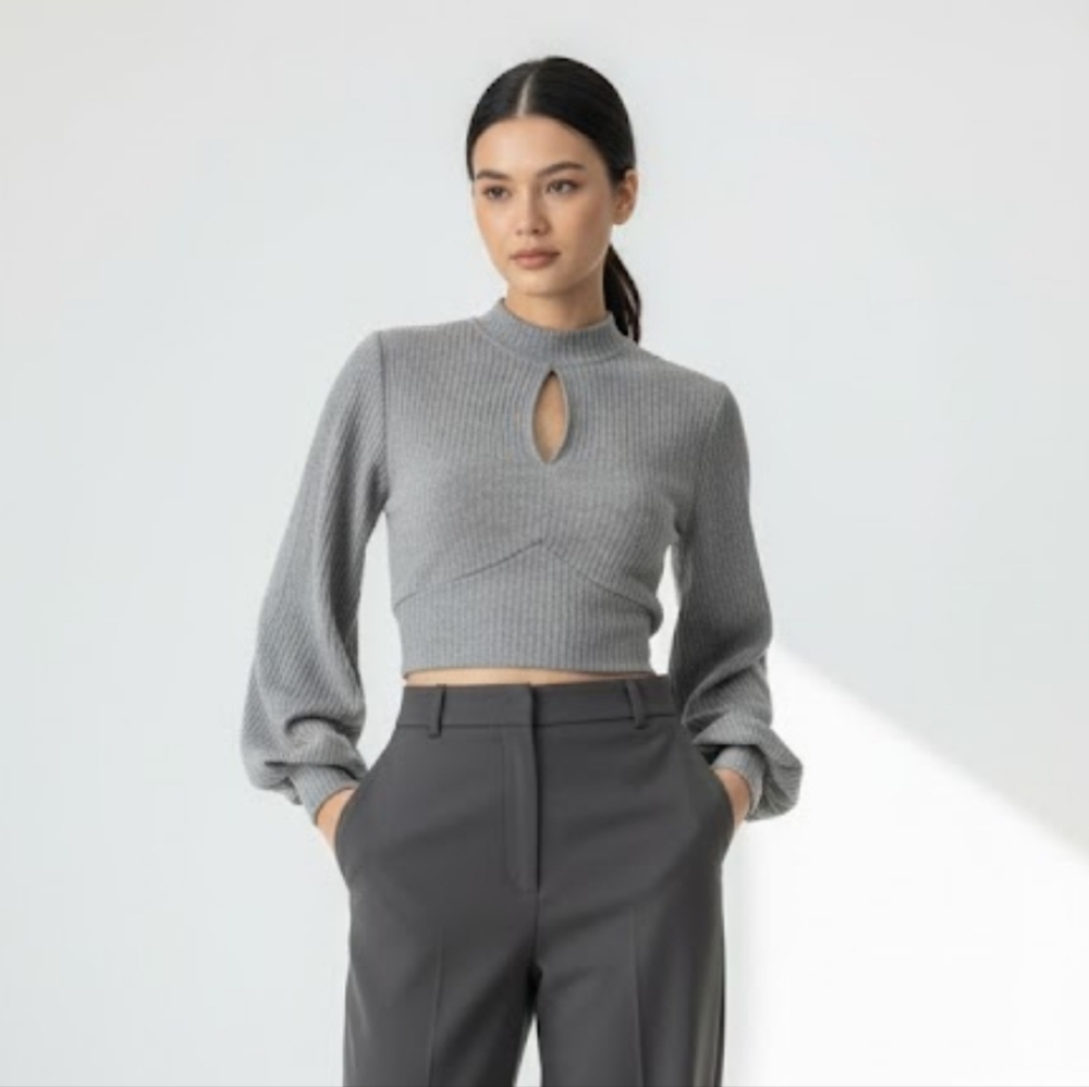 Modern Minimalist Grey Ribbed Tie-Back Top with Keyhole Detail – Size S